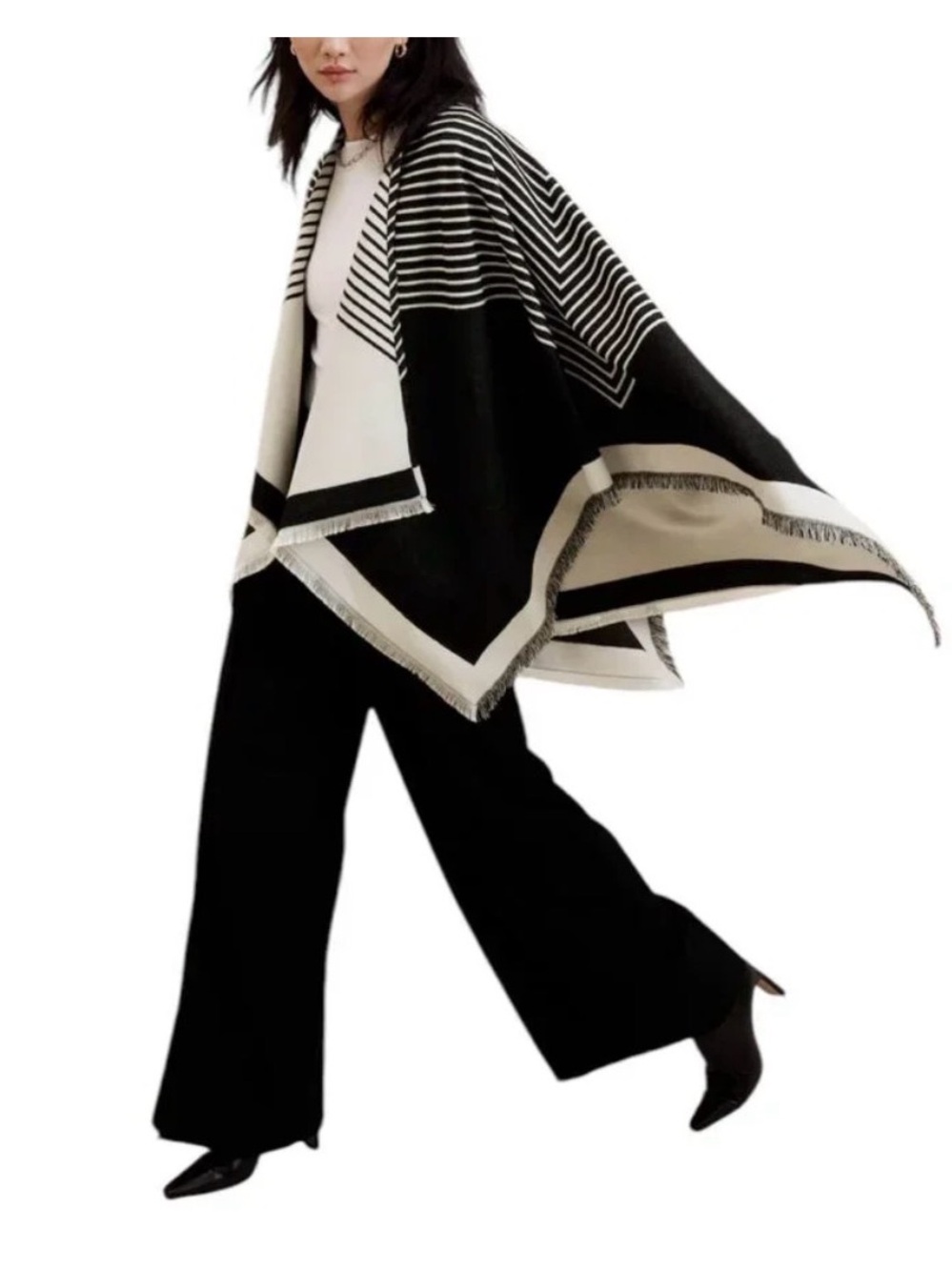 Banana Republic Black & Cream Striped Fringe Wrap Cape